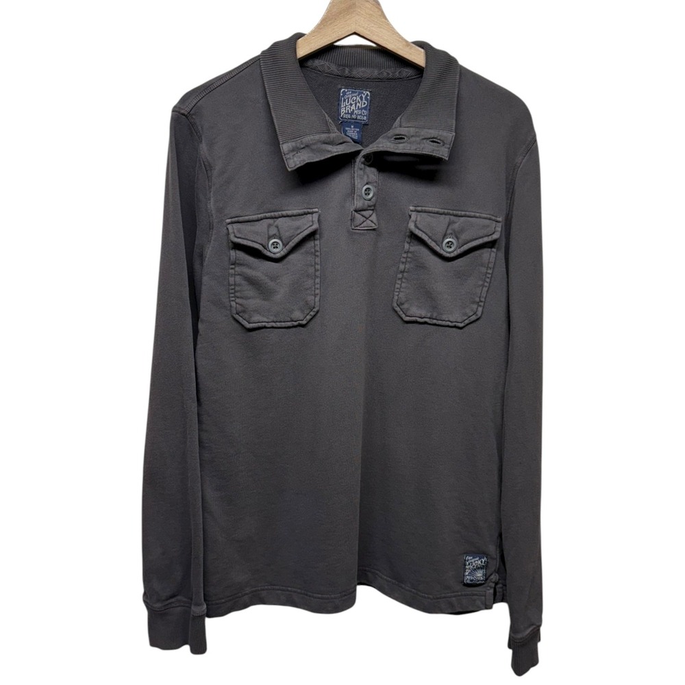 Vtg Lucky Brand Rugby Shirt Men L Gray‎ Long Sleeve Henley Polo Sweatshirt
